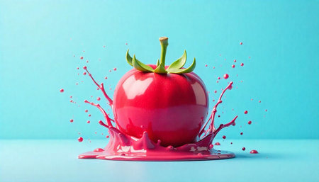 Red tomato covered in vibrant paint splashes against teal background