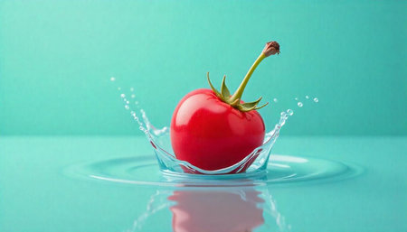 Tomato splashing into water on turquoise background, minimalist style