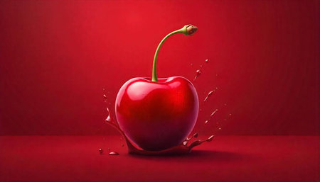 Single cherry with splash on vibrant red background