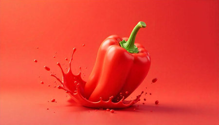 Red bell pepper splashing into vibrant liquid, studio shot