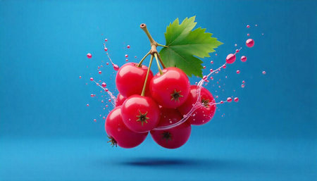 Fresh vibrant hawthorn berries with juice against blue background
