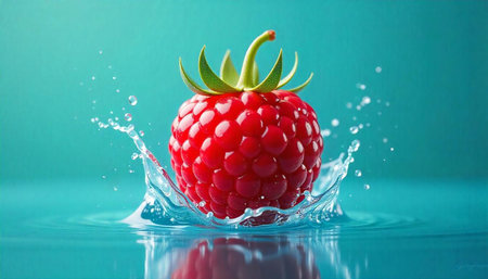 Fresh raspberry creating a water splash on teal backdrop
