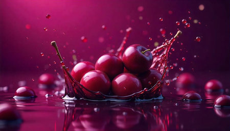 Red apples splashing in juice or water, still lifeの写真素材