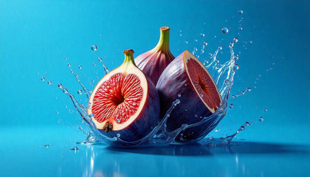 Fresh figs with water splash on vibrant blue backdrop