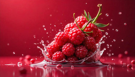 Luscious raspberries splash in vibrant, saturated red setting