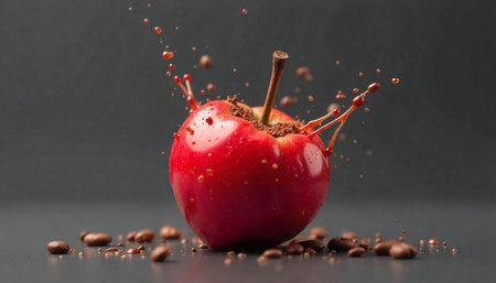 Fresh red apple with water droplets and coffee splash