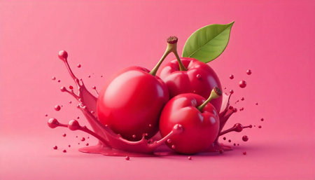 Vibrant cherries with juice splash on a pink background