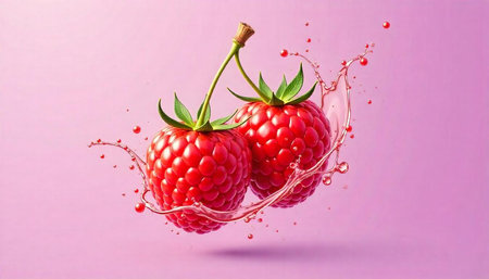 Two vibrant raspberries with splashing water on pink background