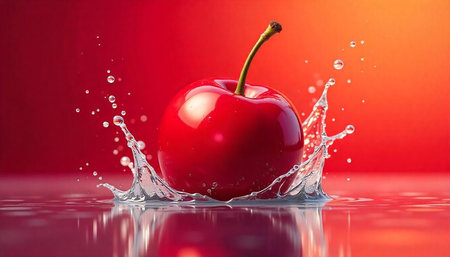 Fresh juicy cherry with water splash on red background