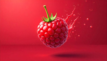 Vibrant raspberry with juice splash on a red background