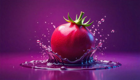 Red fruit splashing into purple liquid background illustration