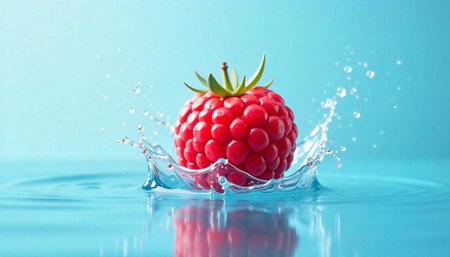 Fresh raspberry splashing in crystal clear water surface