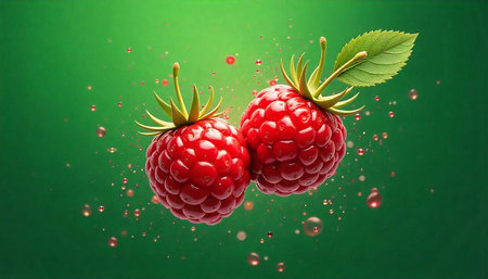 Two fresh raspberries floating against vibrant green background