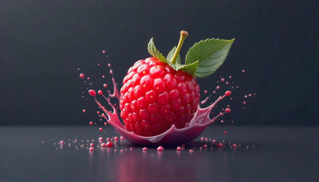Raspberry splash on black background, fresh, sweet, summer