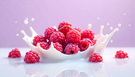 Fresh raspberries splashing into creamy milk, light pink background