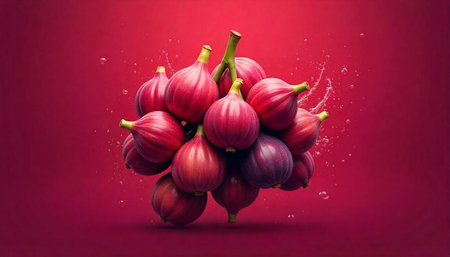 Pile of fresh figs with water droplets on red backgroundの写真素材
