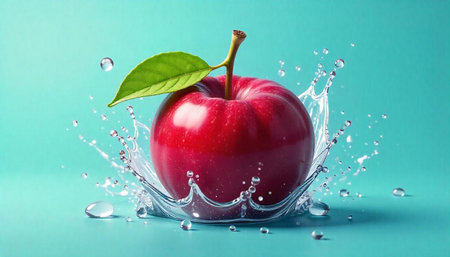 Fresh red apple with water splash on turquoise backdropの写真素材