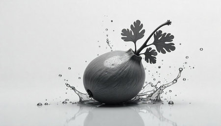 Onion and leaf with water splash monochrome stillnessの写真素材