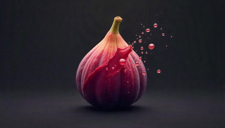 Isolated fig fruit with juice droplets on a dark backdrop