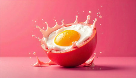 Surreal egg inside grapefruit with splash on pink background