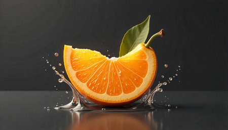 Fresh orange slice with water droplets on dark background