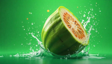 Fresh green fruit slice with splash on green background
