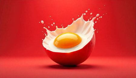 Vibrant egg yolk bursting with creamy white liquid splashの写真素材