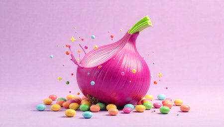 Vibrant red onion still life with colorful candies