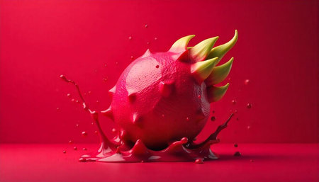 Vibrant dragon fruit splash in intense red monochromatic sceneの写真素材