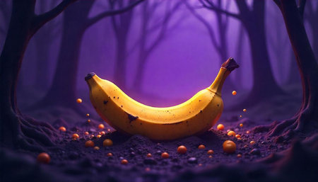 Banana in a surreal landscape with glowing orbsの写真素材