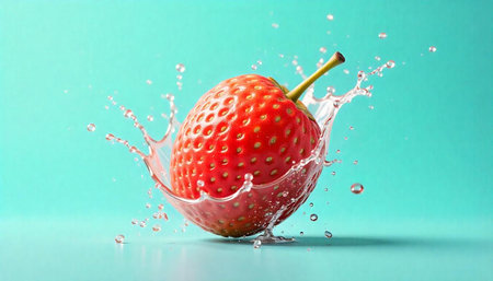 Fresh strawberry splashing in water against a blue backdrop