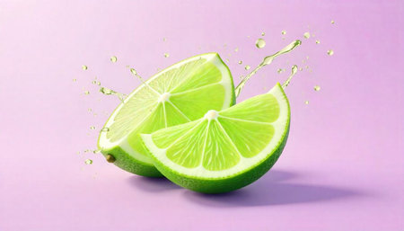 Refreshing Lime Wedges with Splashes on a Lilac Background