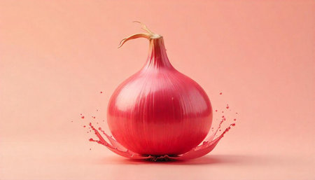 Vibrant red onion with splash on peach backgroundの写真素材