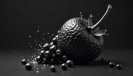 Dramatic monochrome strawberry and blueberry arrangement on dark backdrop