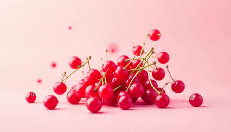 Vibrant red currants against soft pink background creating still life