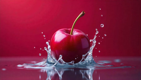 Fresh cherry splashing into water against a red background