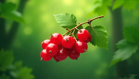 Cluster of red currants with green leaves on branch