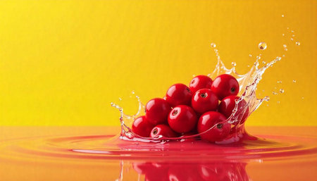 Cranberries splash into liquid against a vibrant yellow background