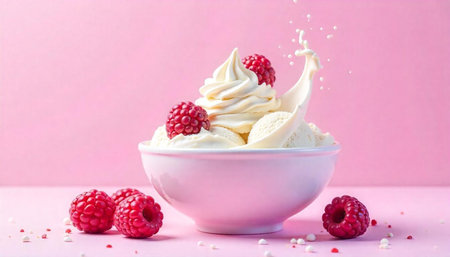 Raspberry dessert with ice cream and milk splash