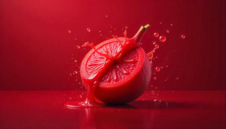 Half red grapefruit with juice splash against red backdrop