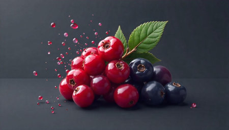 Vibrant mixed berries with leaf and water droplets display