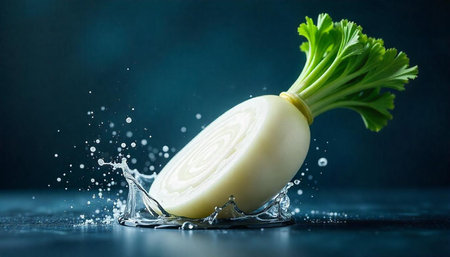 Fresh daikon radish in water splash with vibrant greens