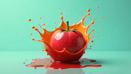 Tomato splash with vibrant orange juice against teal backdrop