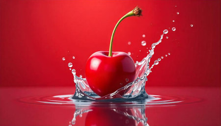Cherry splashing into water against a vibrant red backdrop