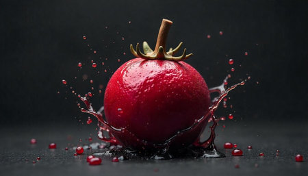 Tomato splash in dark studio setting, close-up shotの写真素材