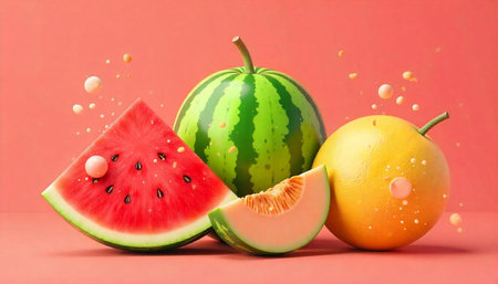 Fresh Fruits Still Life with Pink Background and Dropsの写真素材