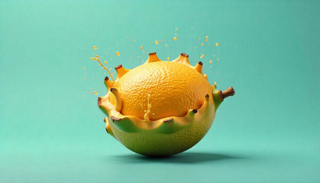 Surreal lemon banana hybrid fruit on pastel backgroundの写真素材
