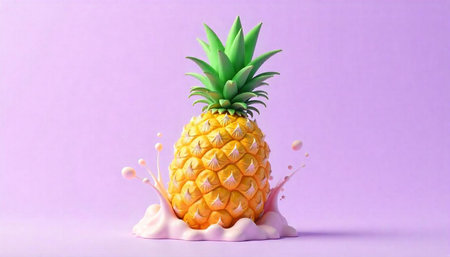 3D pineapple with pink splash on light purple backgroundの写真素材