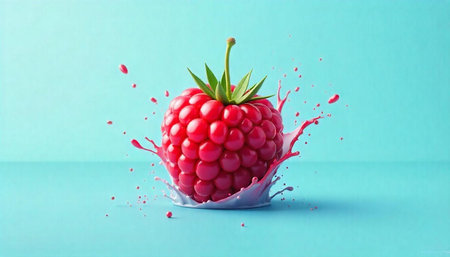 Raspberry splashing milk against a vibrant cyan background