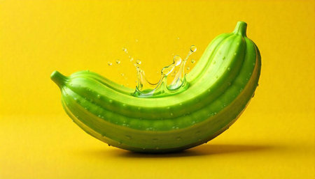 Fresh green cucumber with water splash on yellow backgroundの写真素材